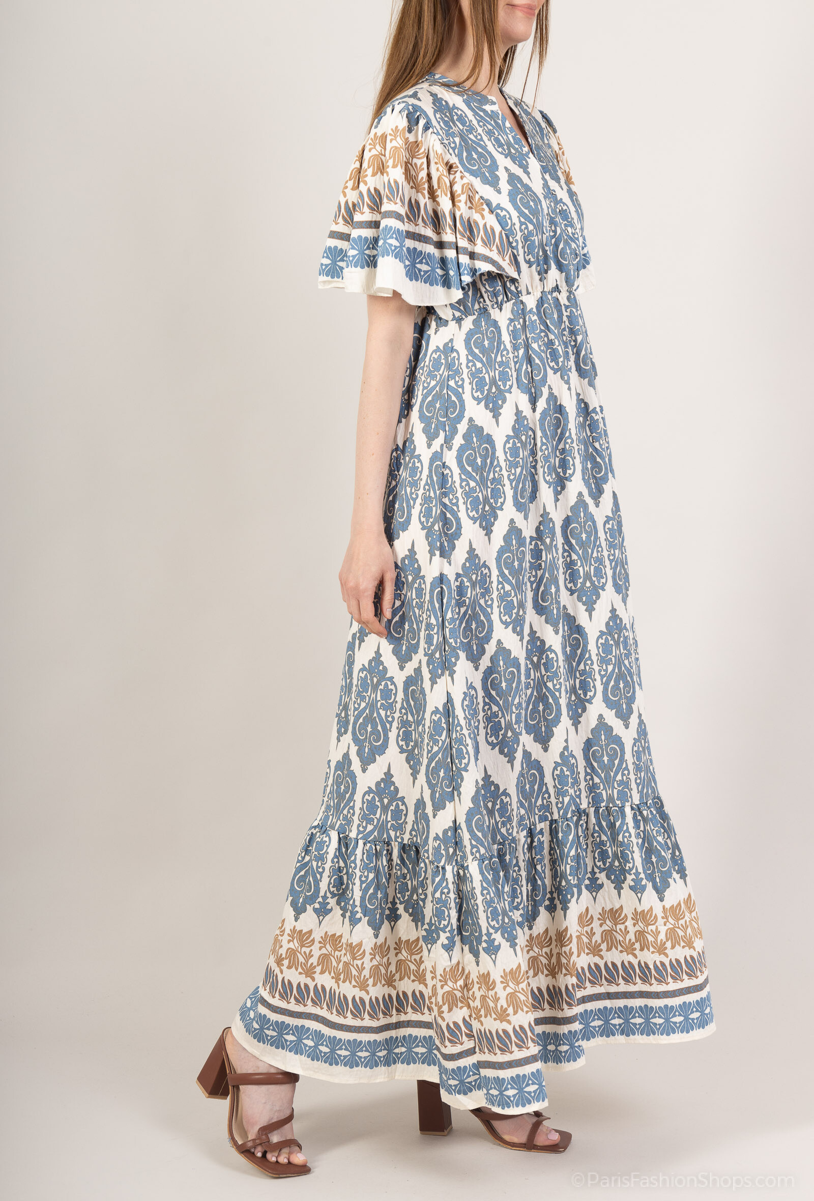 Grossiste M&D FASHION - Robe longue imprimée effet lin à manches papillon