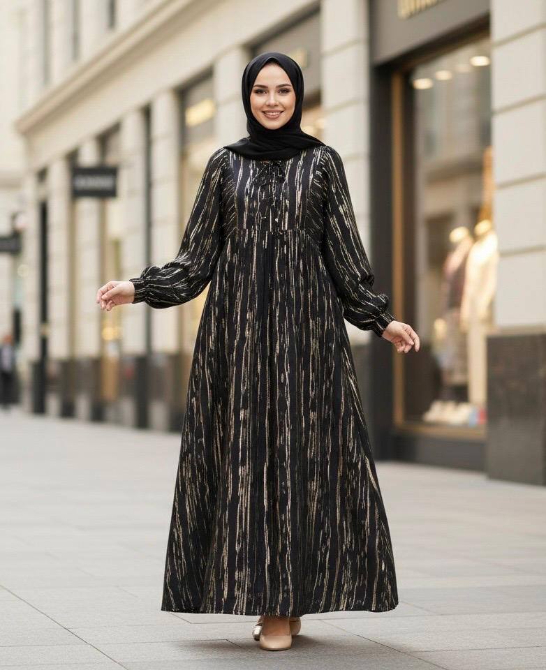 Wholesaler M&D FASHION - Iridescent Sage Green Long Dress – Bohemian Chic Flowing Abaya with Shimmering Details and Matching Hijab