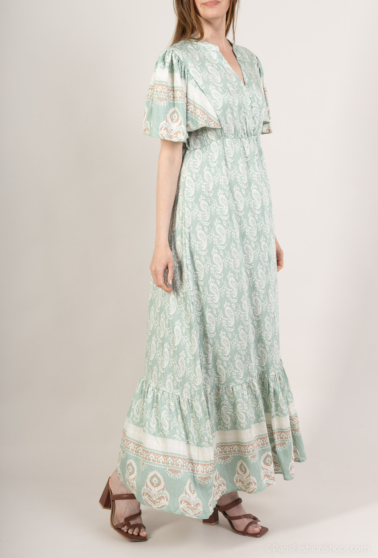 Grossiste M&D FASHION - Robe longue effet lin à manches papillon imprimée paisley