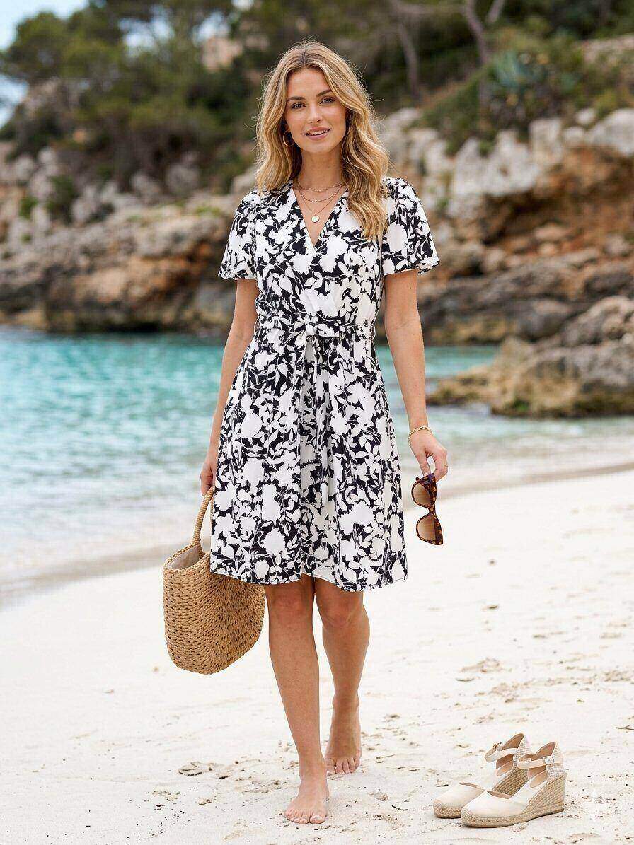 Grossiste M&D FASHION - Robe courte col V évasée nouée