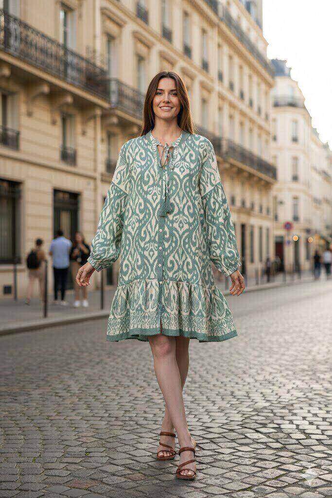 Grossista M&D FASHION - Tunica Boho Svasata con Stampa Etnica e Dettagli con Nappe
