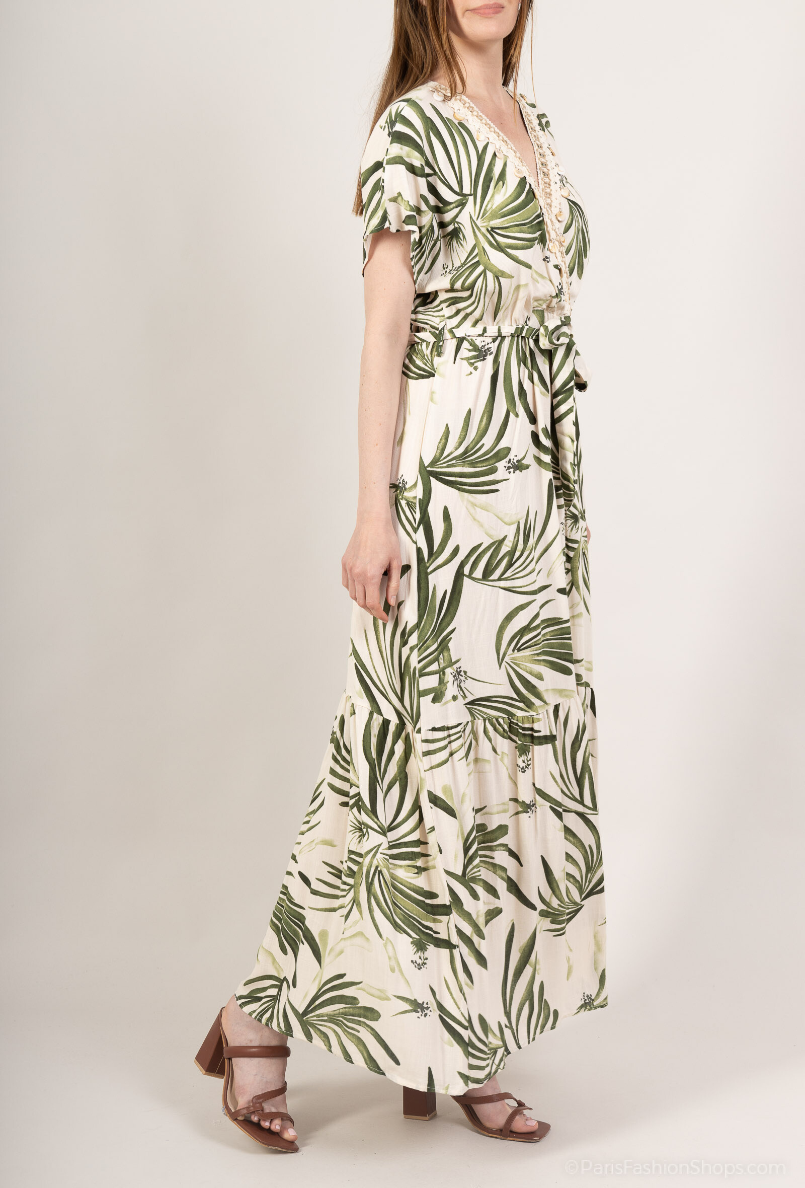 Grossiste M&D FASHION - Robe longue cache-cœur effet lin décor coquillages