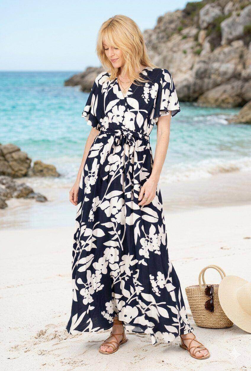 Grossiste M&D FASHION - Robe longue manches courtes effet lin, ceinture incluse