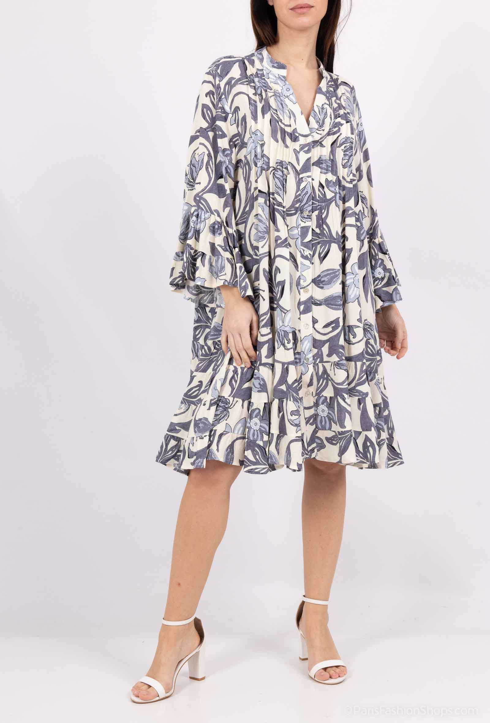 Wholesaler M&D FASHION - Short linen dress with pleating and ruffles