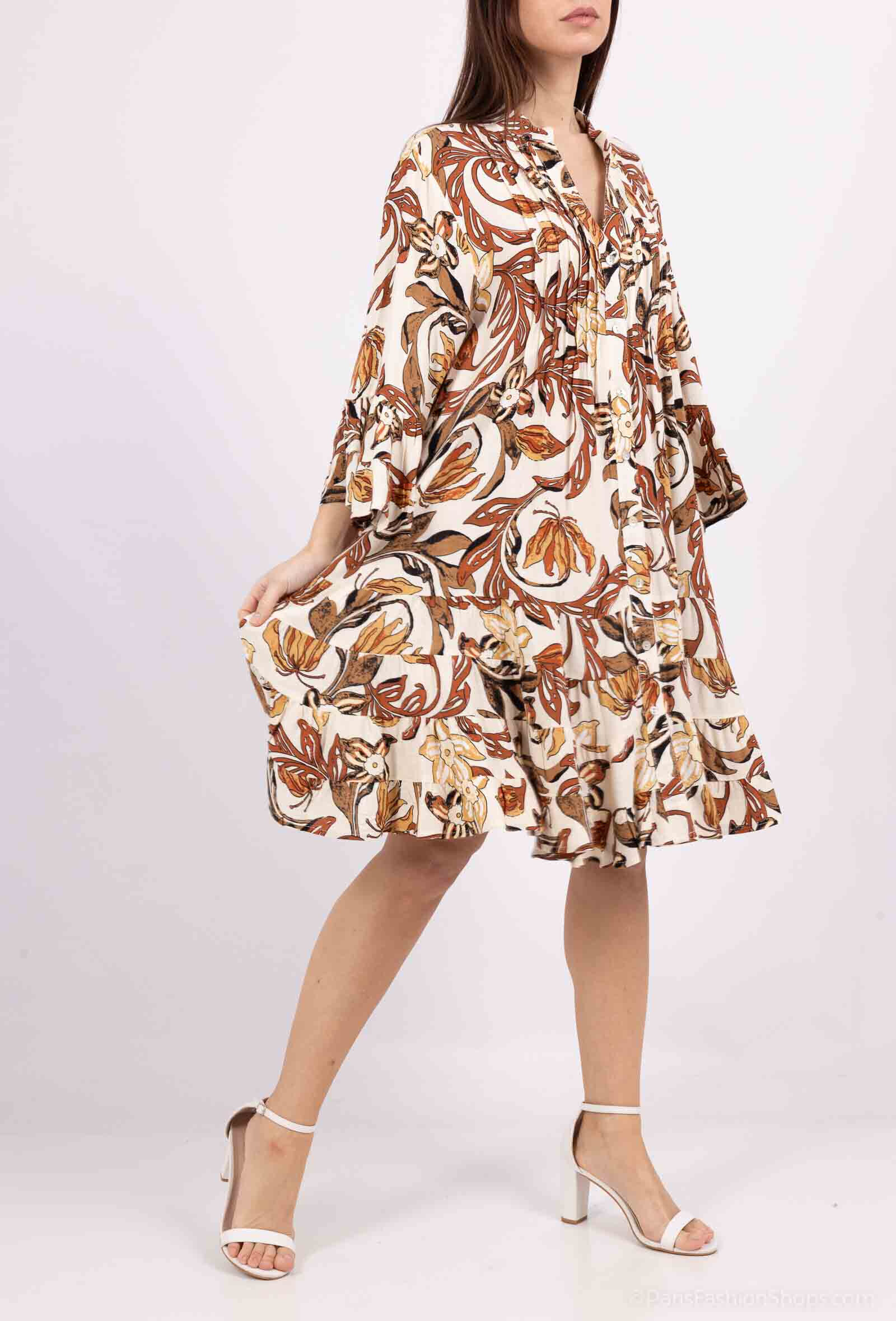 Wholesaler M&D FASHION - Short linen dress with pleating and ruffles