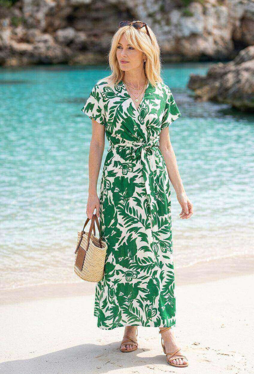 Grossiste M&D FASHION - Robe longue effet lin manches courtes avec ceinture