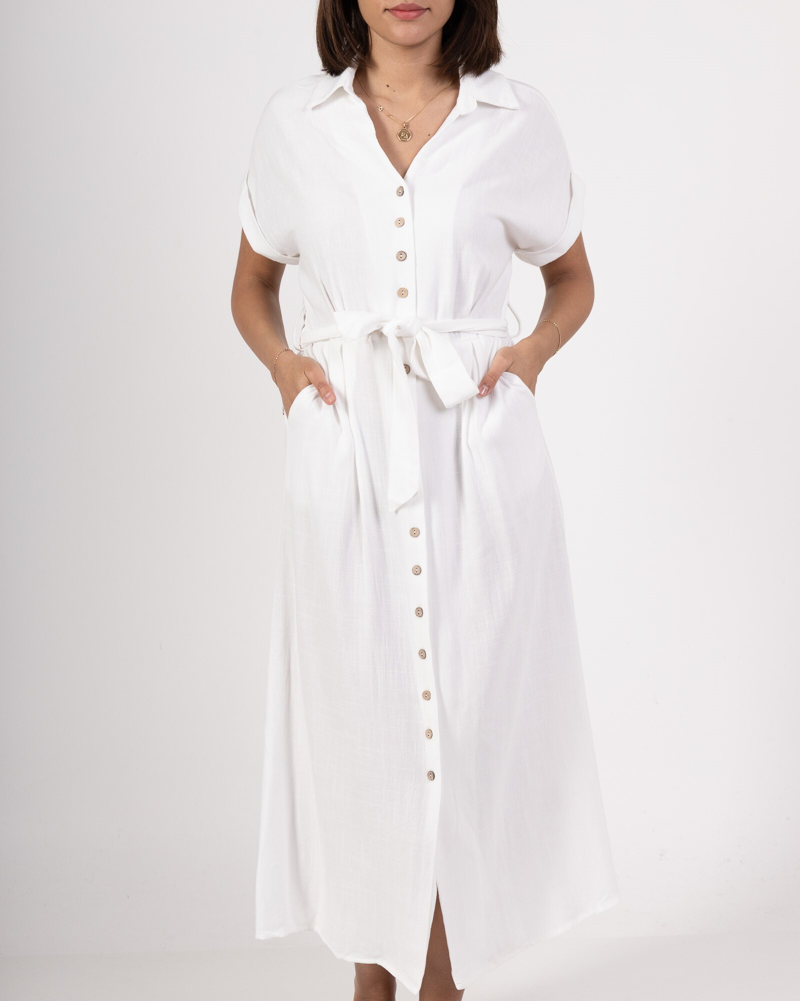 Grossiste M&D FASHION - Robe longue chemise en lin avec poches