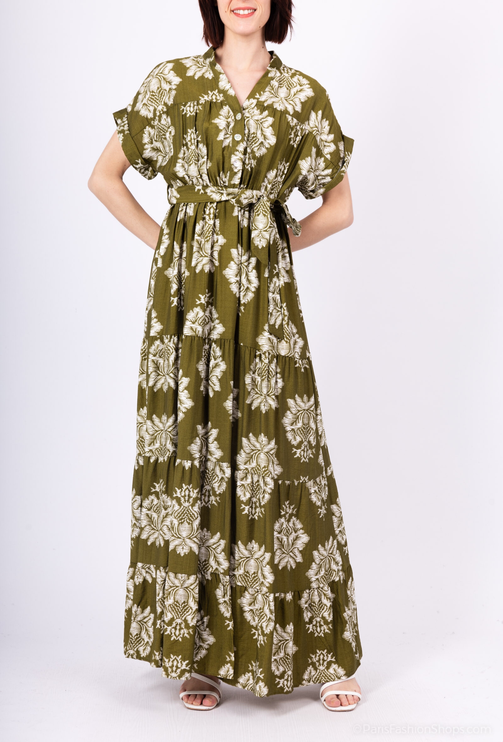 Großhändler M&D FASHION - Langhanded -schwaches Leinenkleid mit Knöpfen und Gürtel