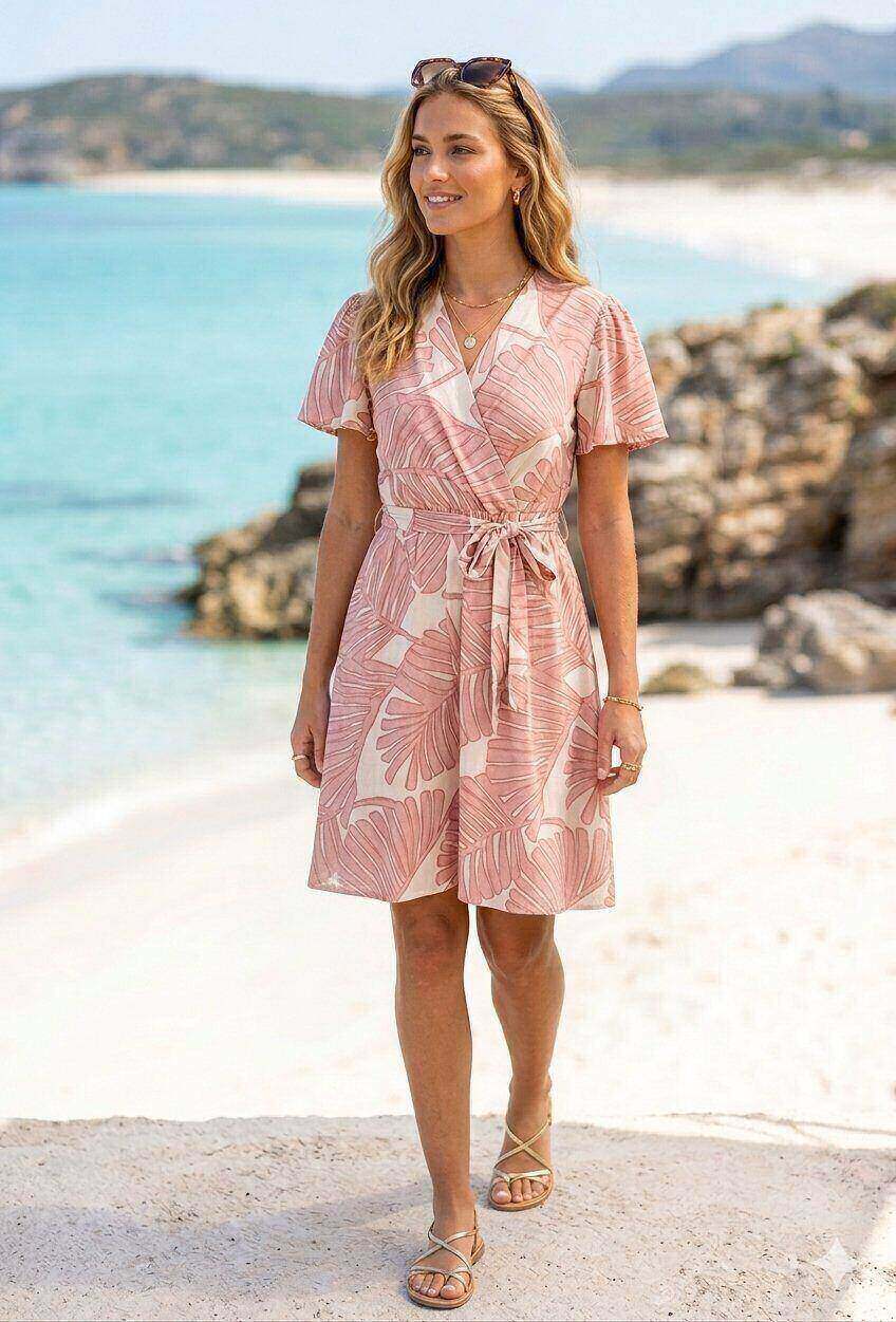 Grossiste M&D FASHION - Robe courte effet lin manches courtes avec ceinture