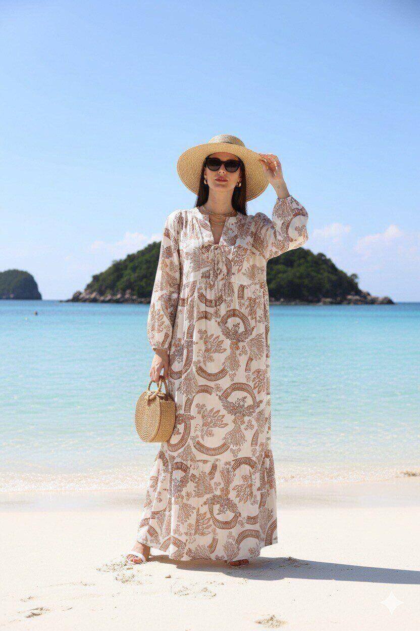 paris knotted maxi dress Long bohemian dress with puffy sleeves and knotted collar