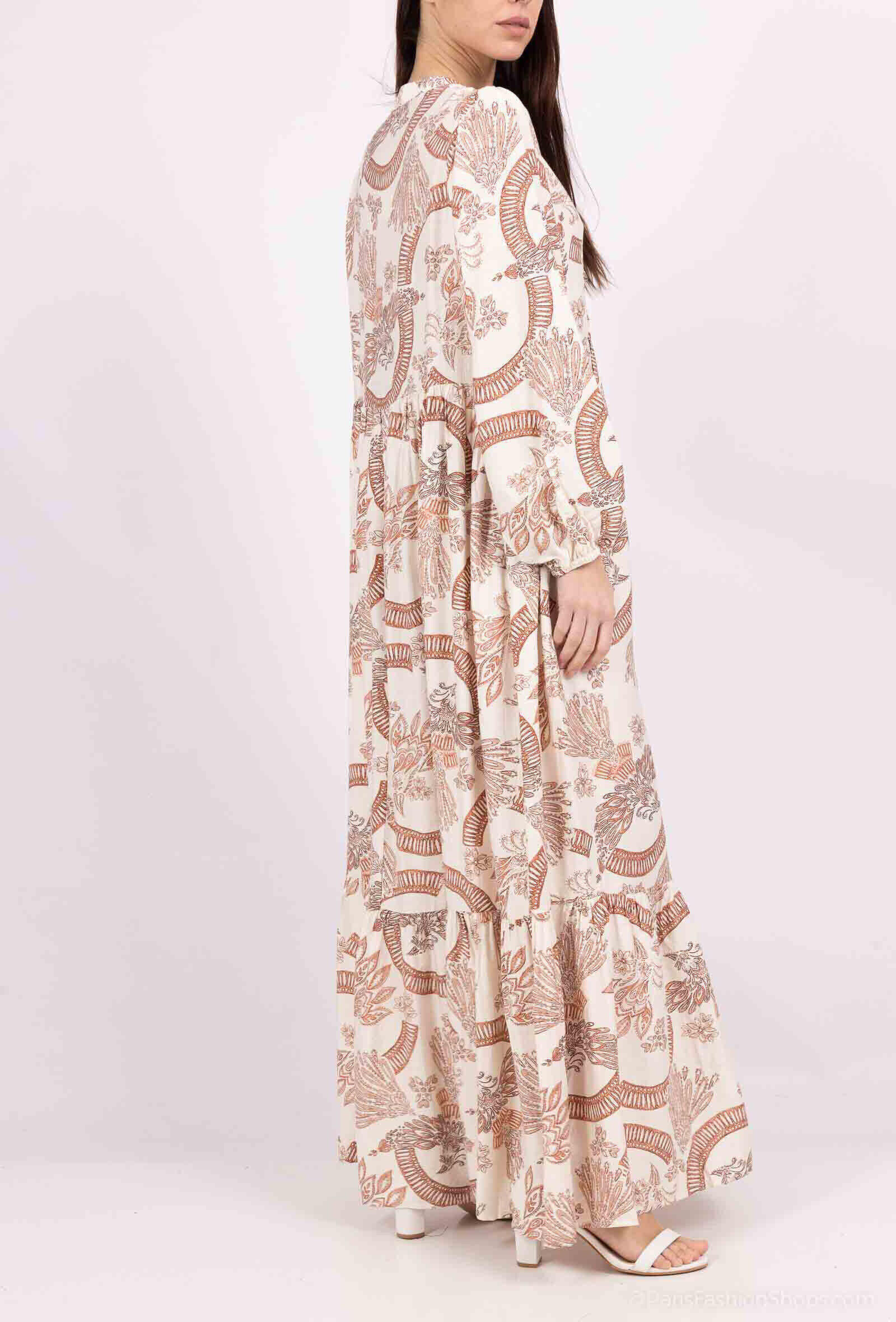 paris knotted maxi dress Long bohemian dress with puffy sleeves and knotted collar