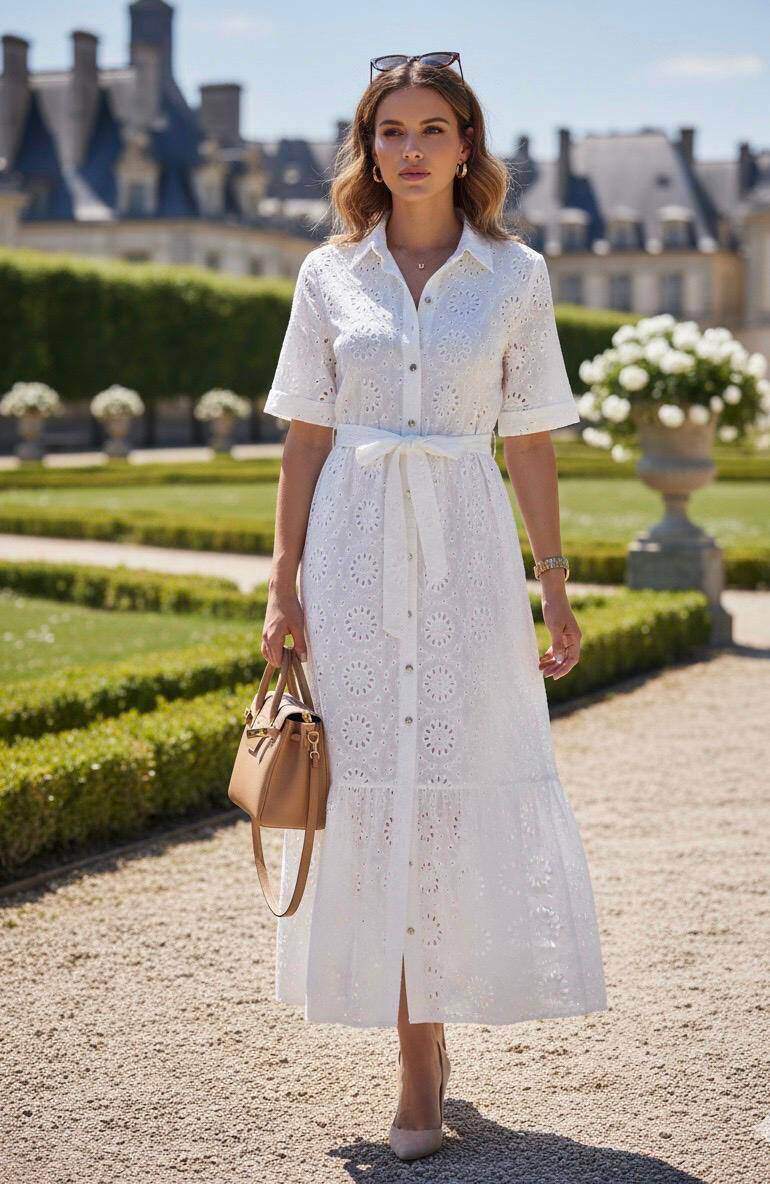 Grossiste M&D FASHION - Robe Longue Chemise en Broderie Anglaise