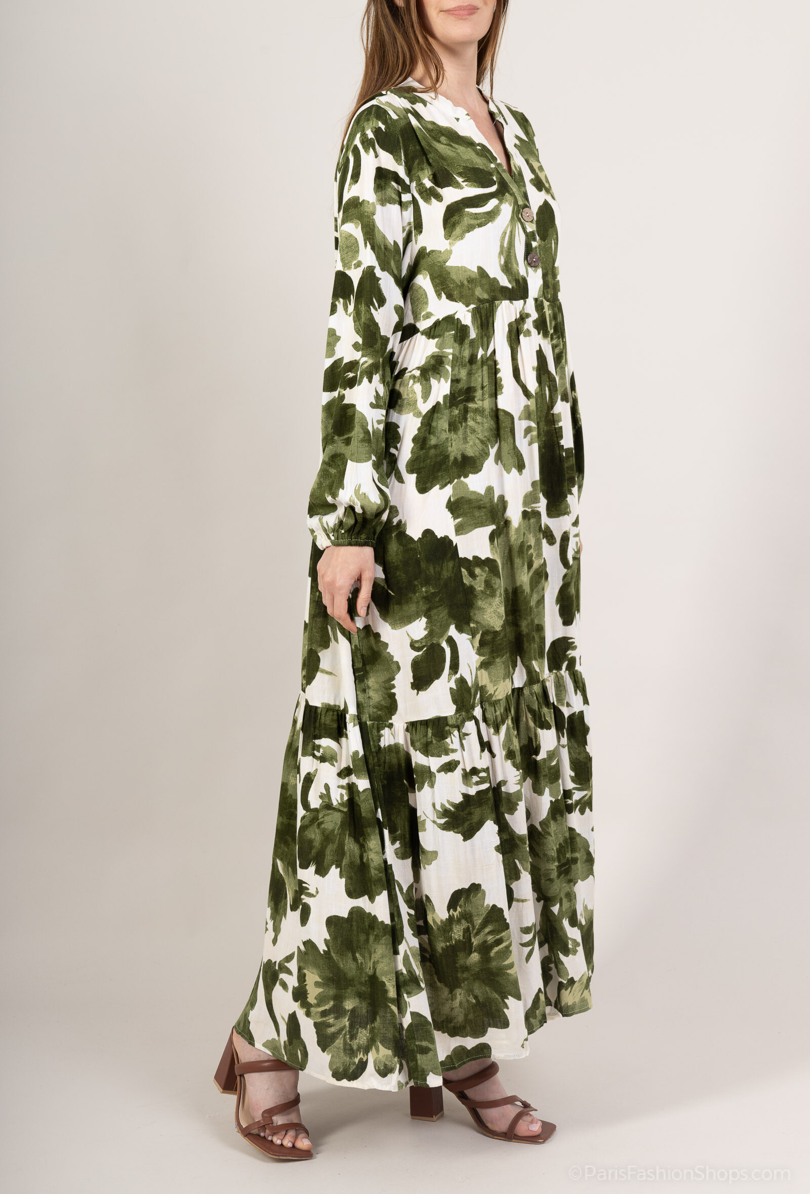 Großhändler M&D FASHION - Longef -Leinendruckkleid mit Holzeffektpickeln