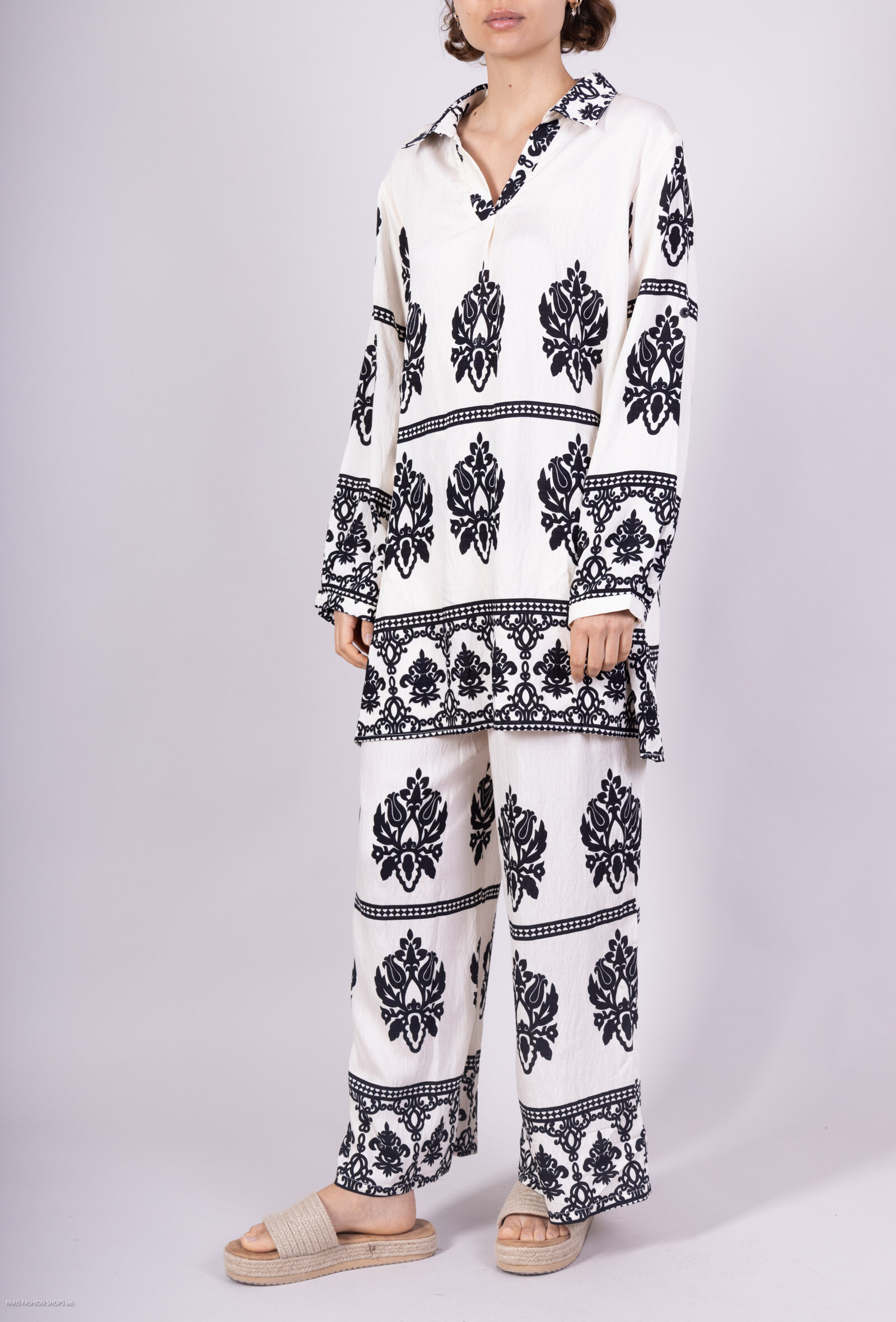 Wholesaler M&D FASHION - Fluid set printed high tunic and flax effect pants