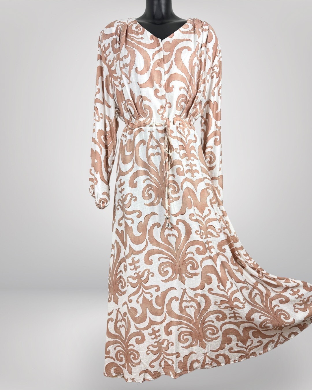 Wholesaler M&D FASHION - Long pleated linen dress with floral print and adjustable cord
