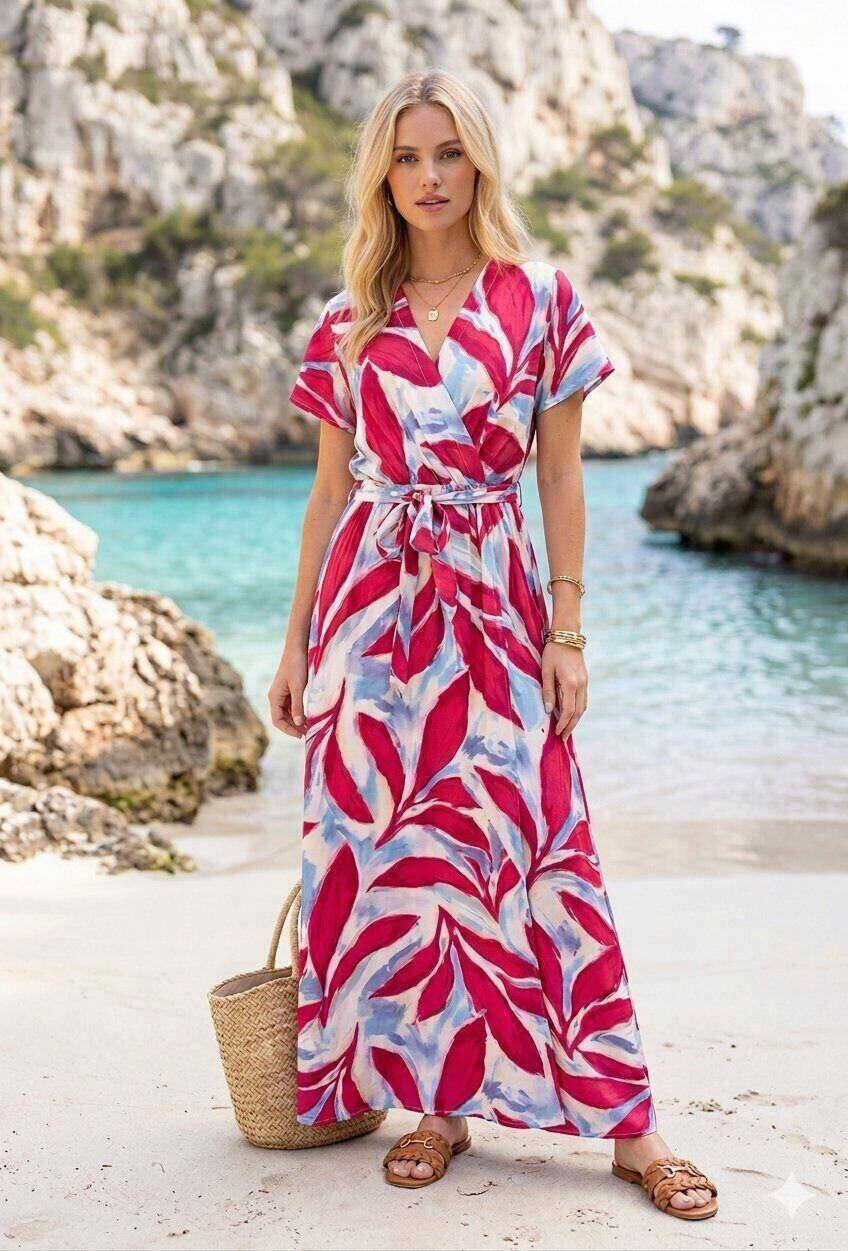 Mayorista M&D FASHION - Vestido largo efecto lino manga corta con cinturón