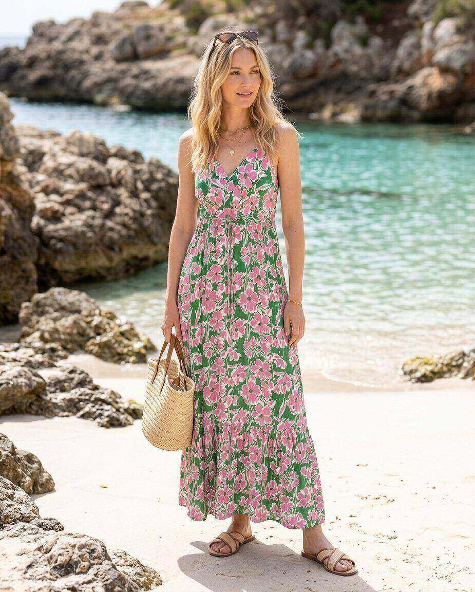 Grossista M&D FASHION - Abito lungo con spalline sottili e stampa floreale