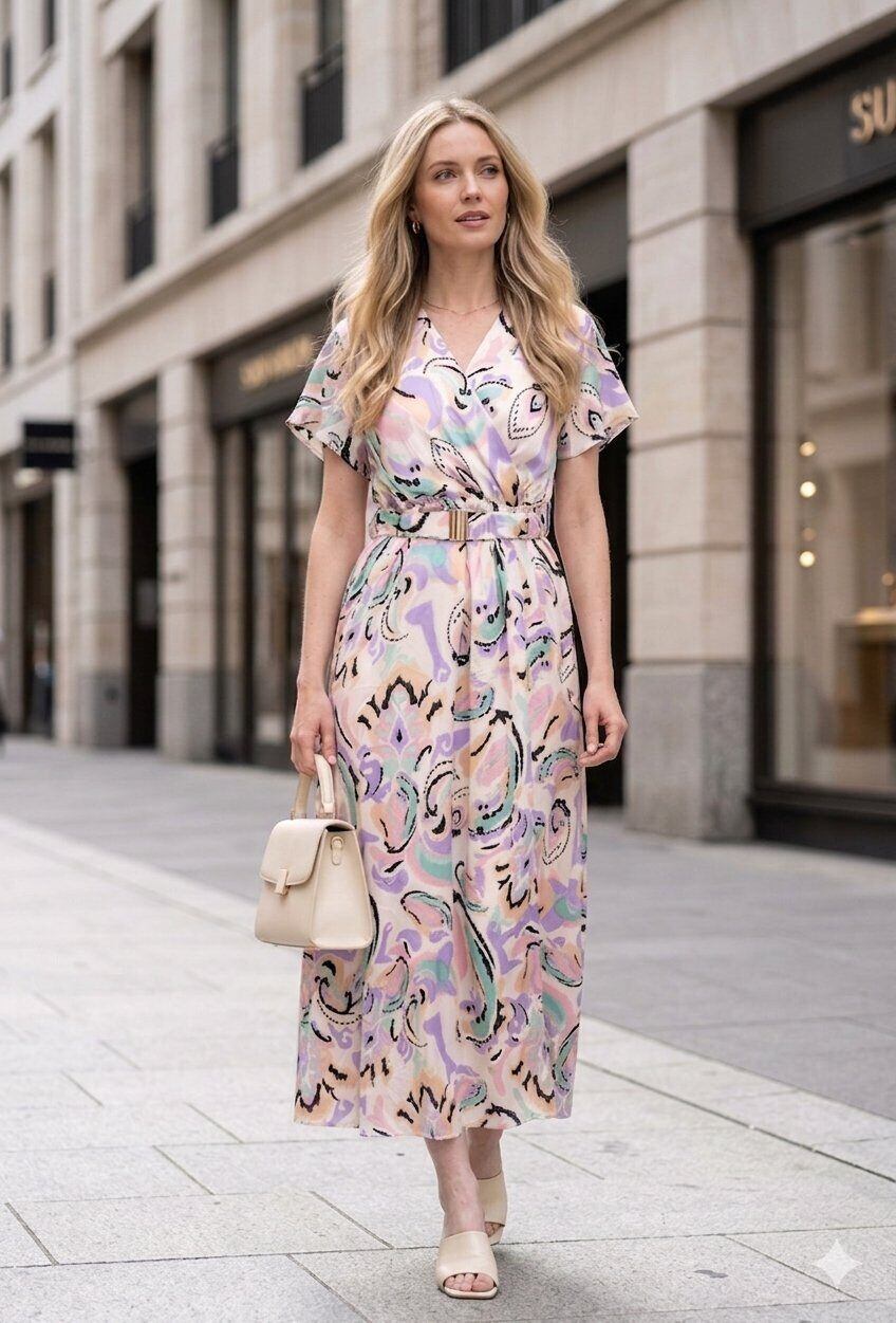 Wholesaler M&D FASHION - Printed satin effect wrap dress with slit and belt