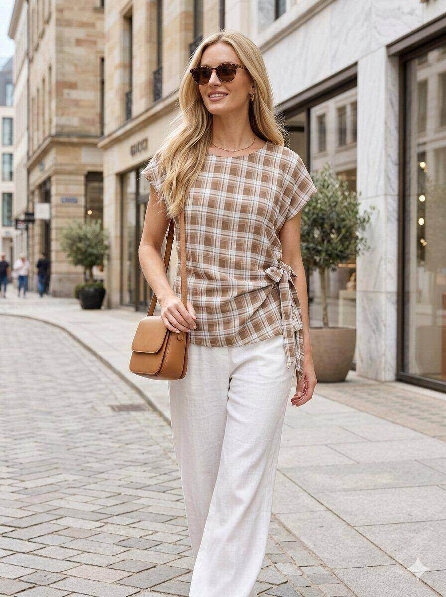 Grossiste M&D FASHION - Haut Tissu Fluide A Carreaux Avec Un Noeud.