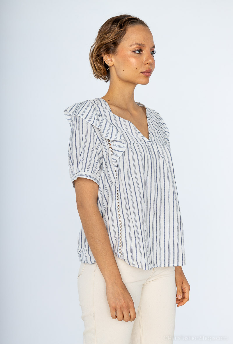 Grossista M&G MONOGRAM - Blusa di cotone a righe con volant sulle spalle