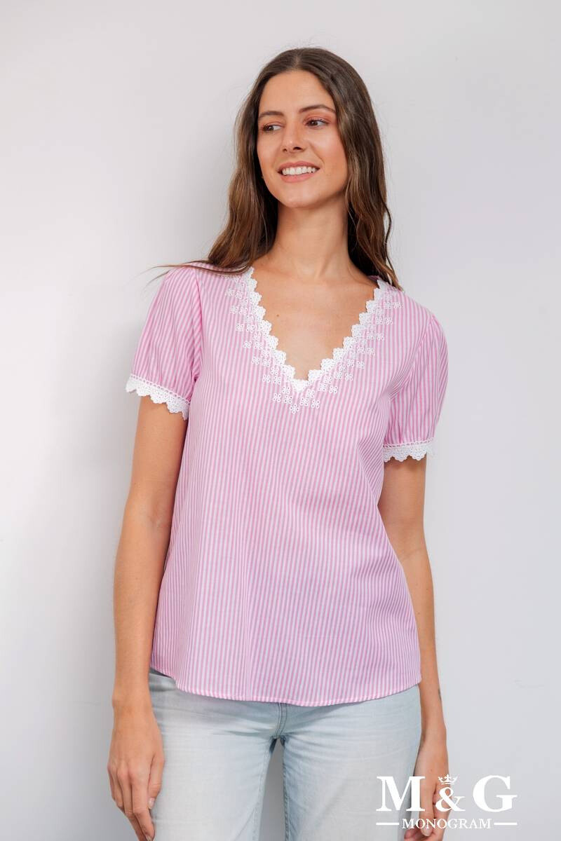 Großhändler M&G MONOGRAM - Baumwollbluse mit gestreiften Streifen mit Spitze
