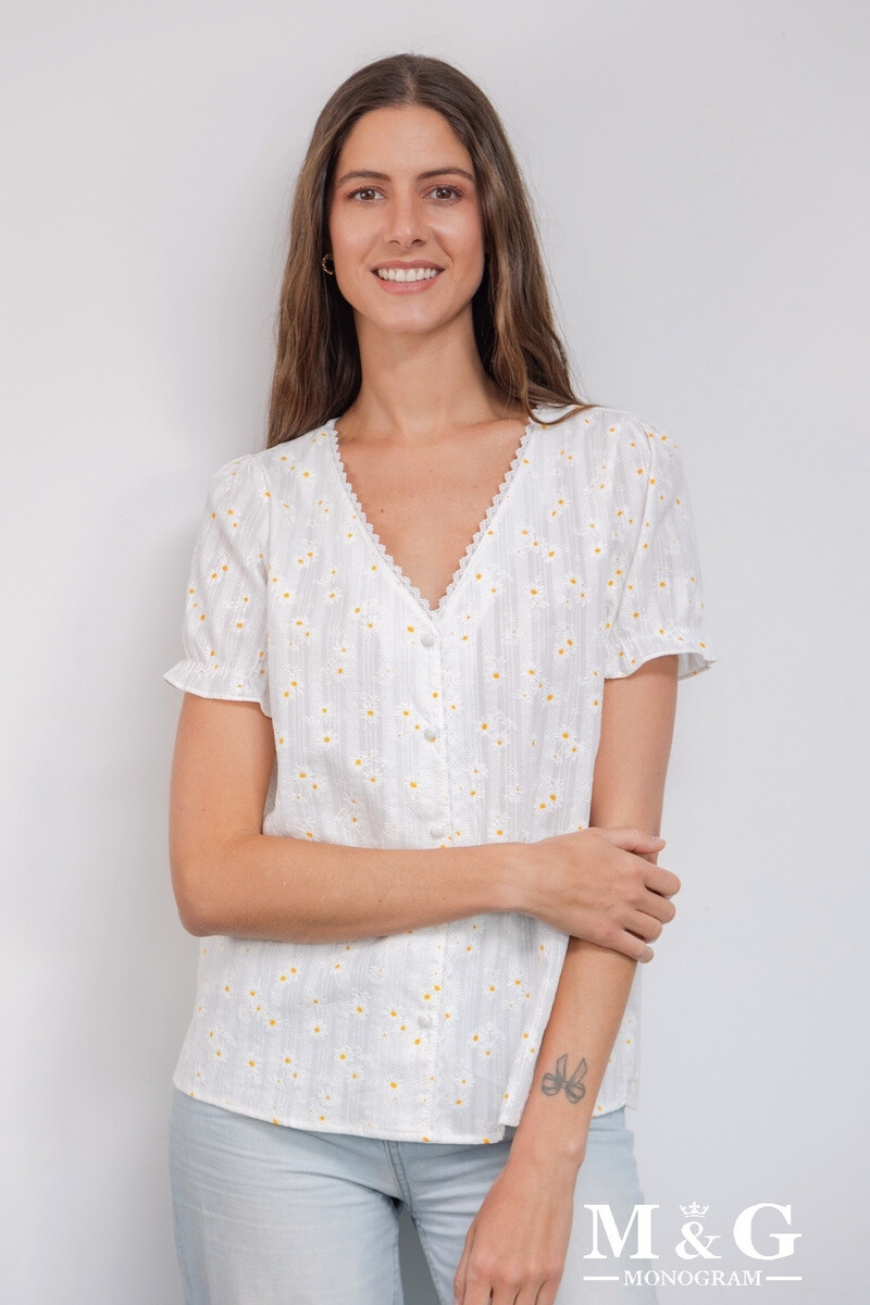 Grossiste M&G MONOGRAM - Chemise Coton col V manches courtes avec dentelle et motifs fleuris