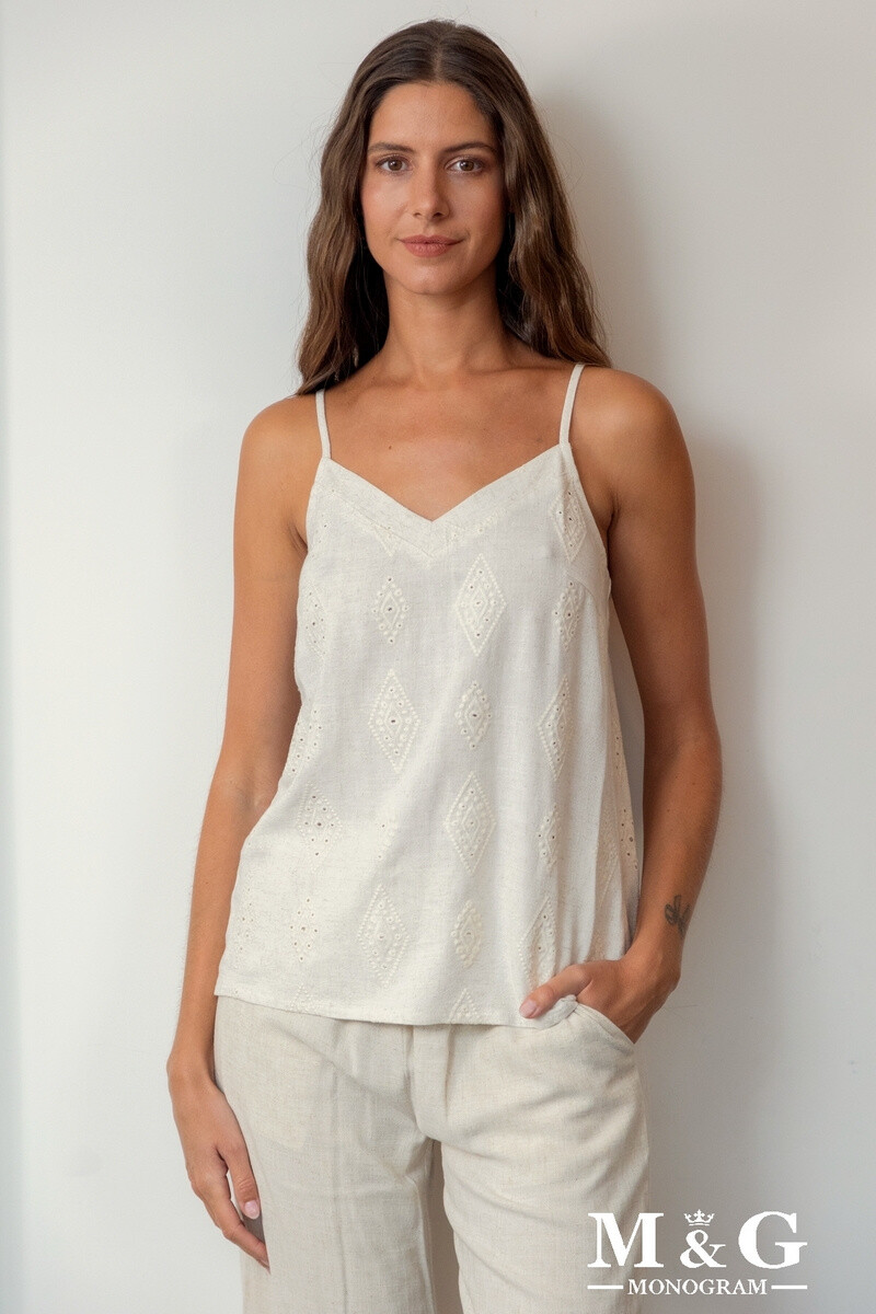 Grossiste M&G MONOGRAM - Débardeur en Lin col V avec motifs brodés