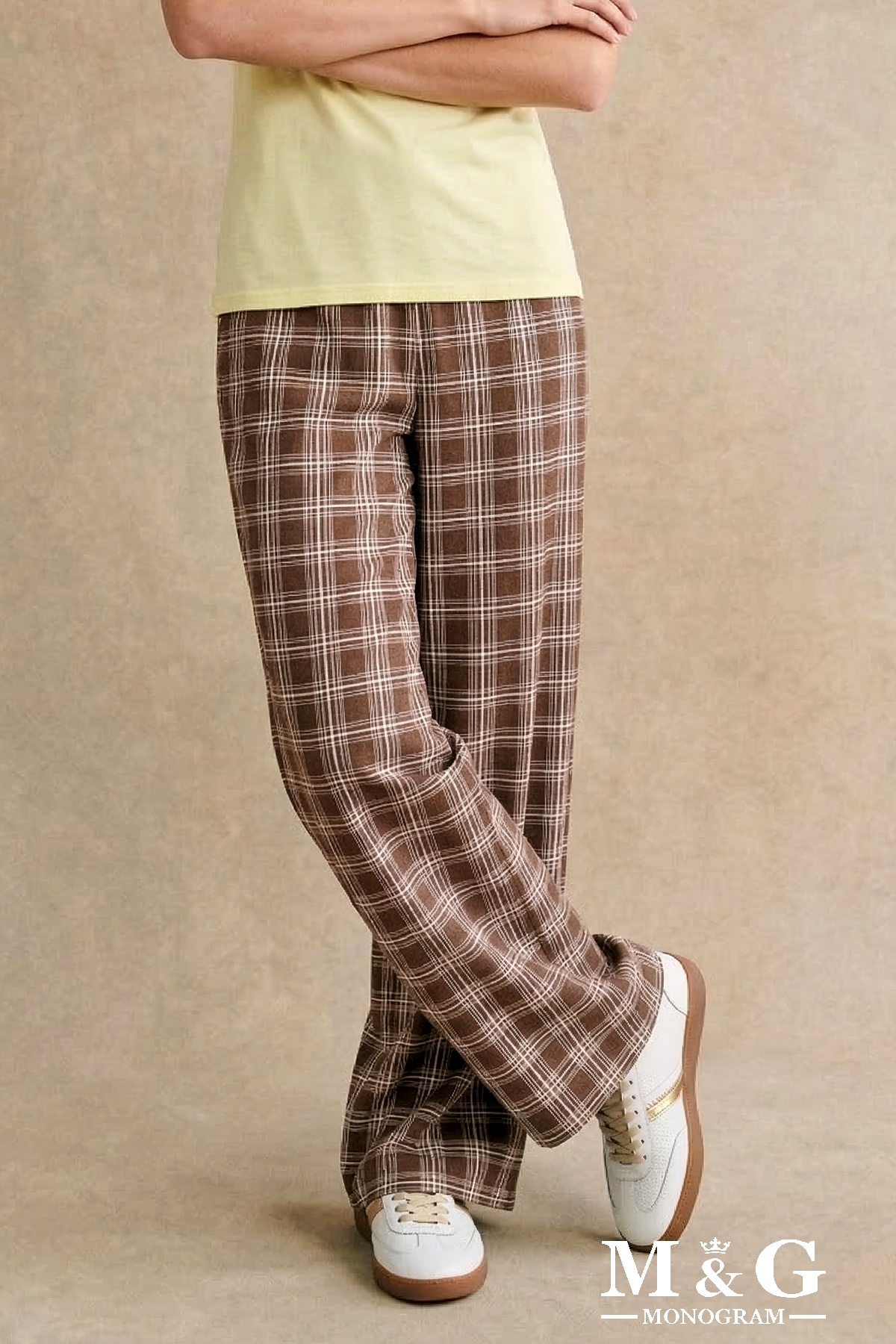 Grossiste M&G MONOGRAM - Pantalon Palazzo imprimé à carreaux style Gingham, taille élastiquée avec cordon de serrage