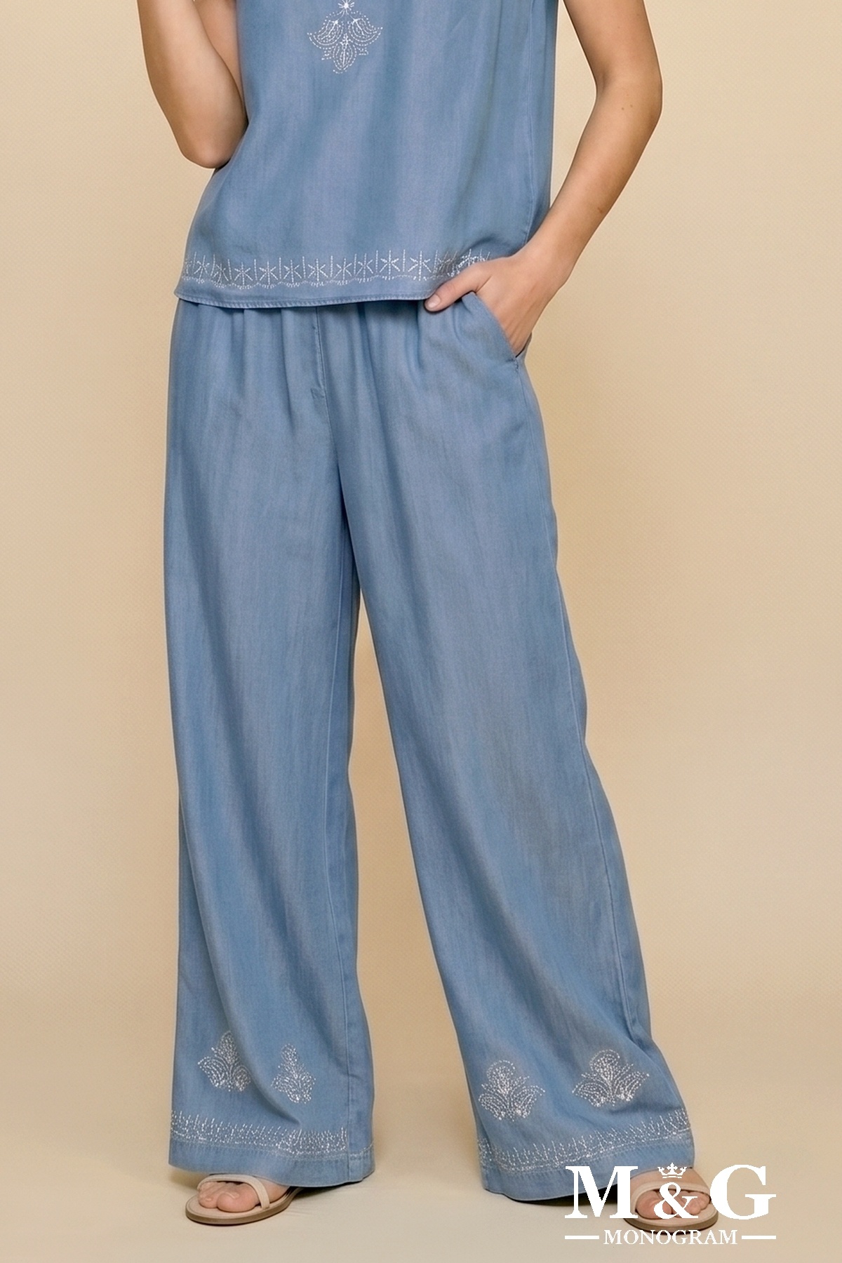 Grossiste M&G MONOGRAM - Pantalon Palazzo en Tencel, taille élastiquée, avec broderies ornementales de bas de jambe
