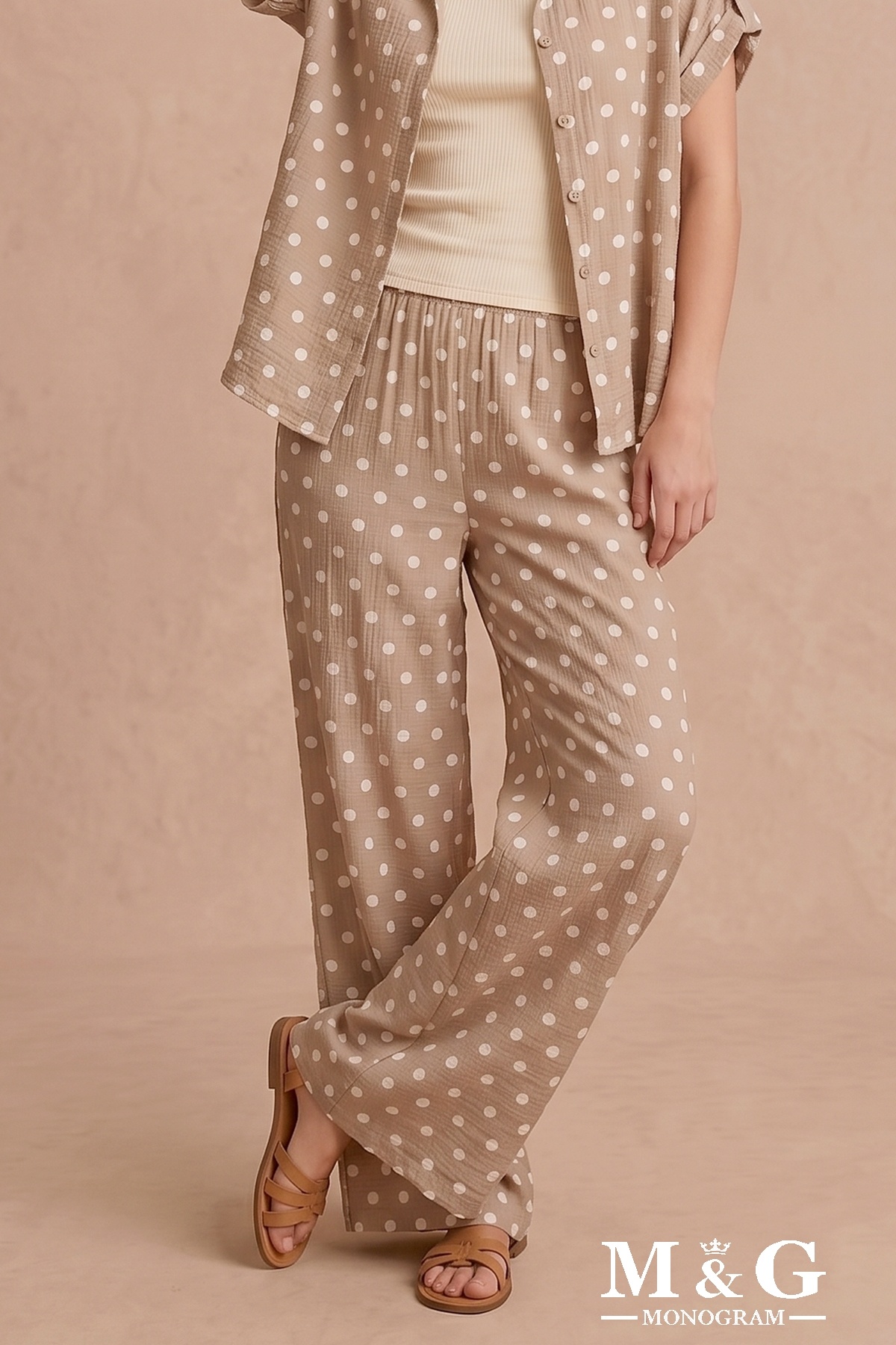 Grossiste M&G MONOGRAM - Pantalon Palazzo fluide aspect crépon à imprimé pois, taille élastiquée fro