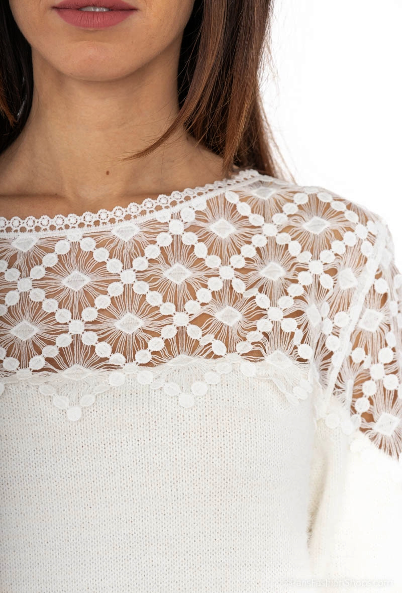 Pullover mit Spitze - Weiß - 1 - Großformat