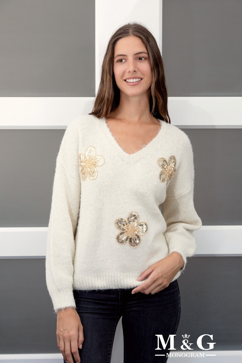 Grossiste M&G MONOGRAM - Pull col V avec fleurs brodées en perles et sequins