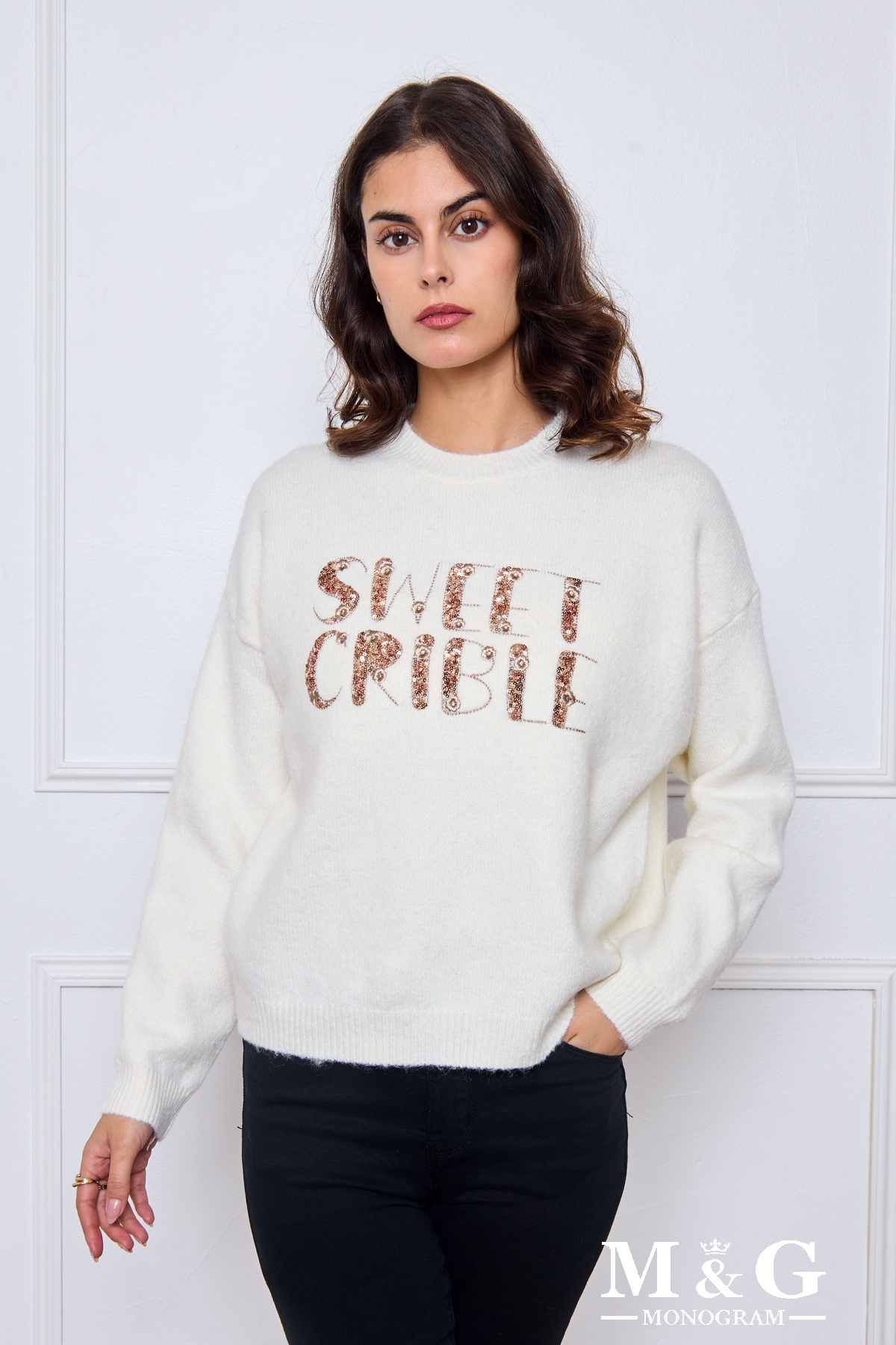 Wholesaler M&G MONOGRAM - Sweater 'SWEET CRIBLE' embroidered with shimmering threads and sequins
