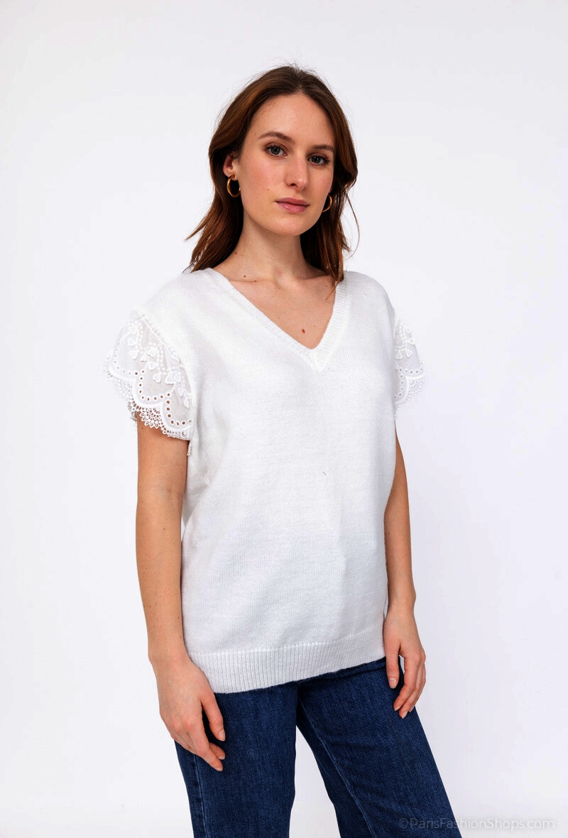 Grossiste M&G MONOGRAM - Pull col V avec manches courtes en dentelle