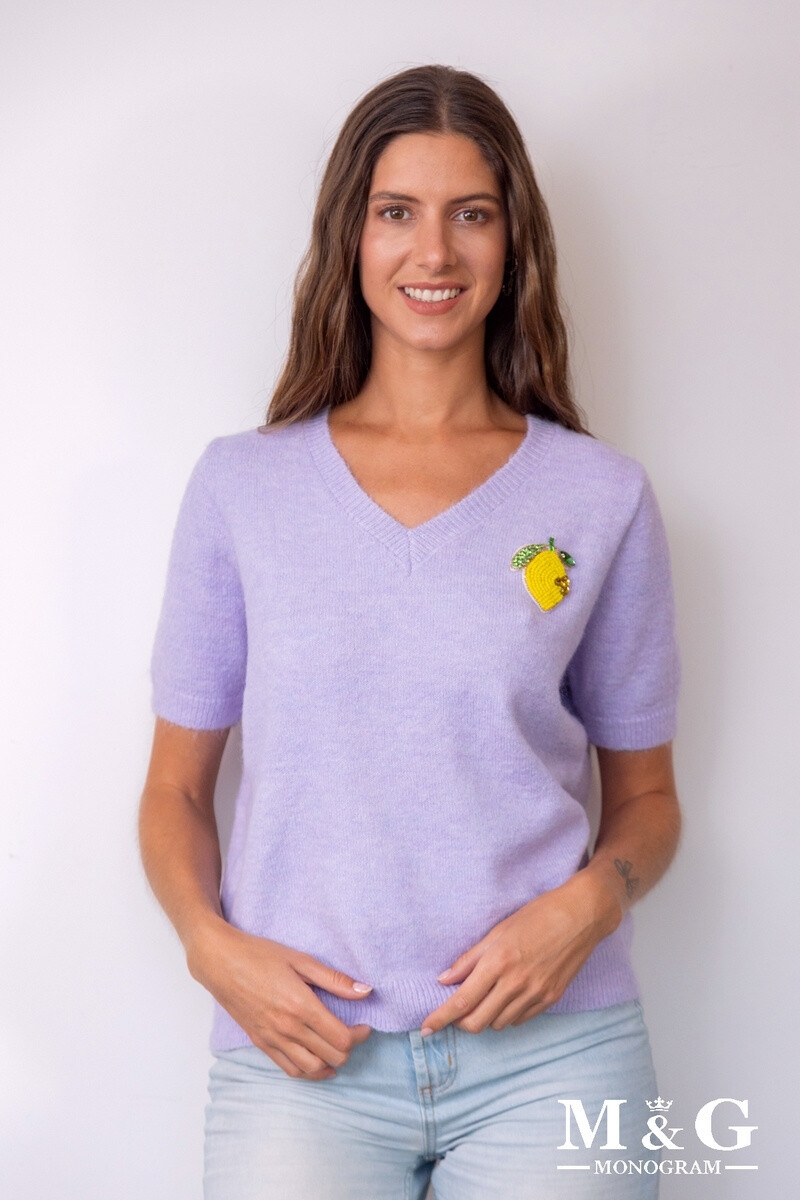 Grossiste M&G MONOGRAM - Pull col V manches courtes « Citrus » avec perles et diam’s