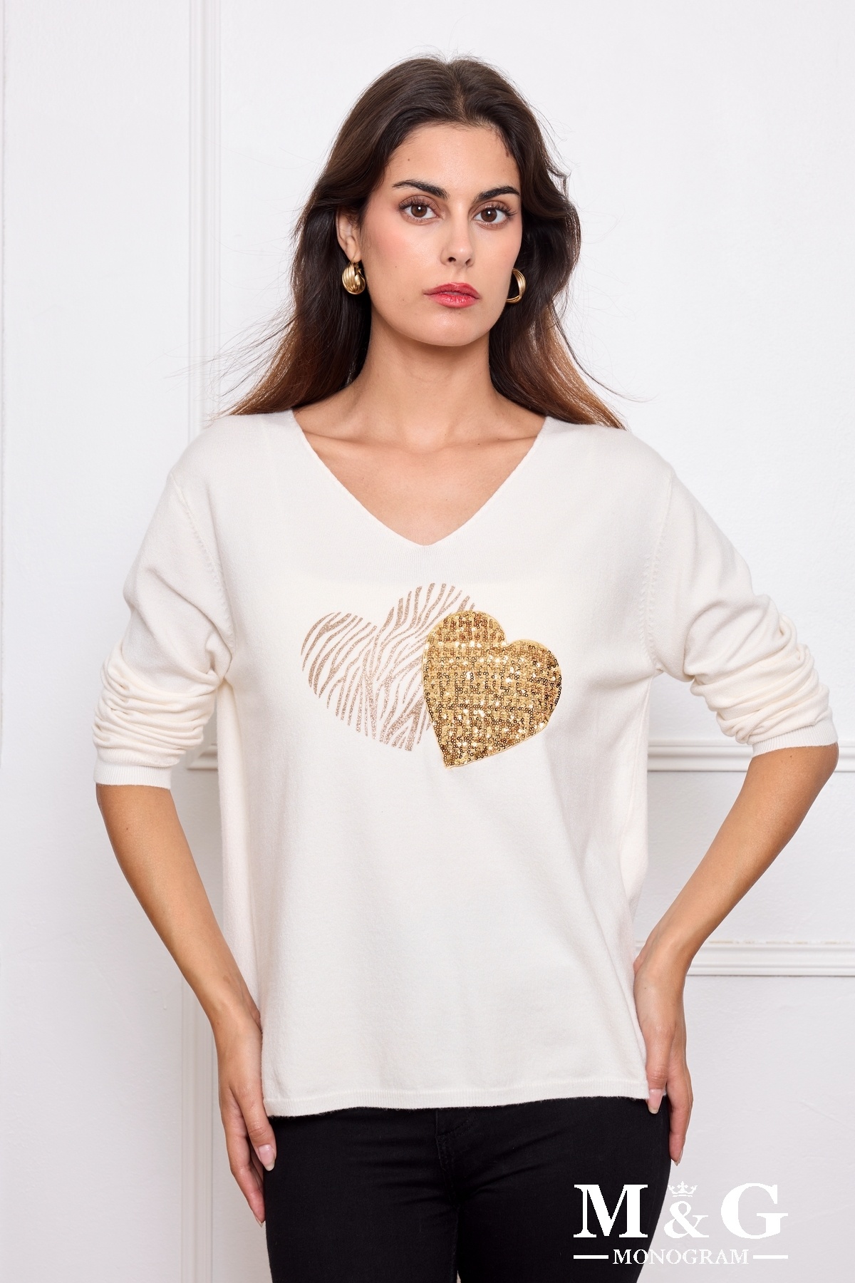 Wholesaler M&G MONOGRAM - V-neck sweater 'Twin Hearts' with glitter and sequins