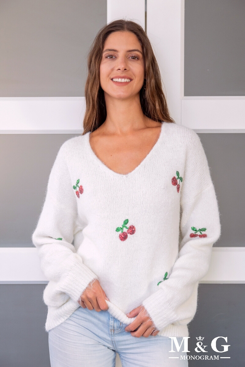 Grossiste M&G MONOGRAM - Pull col V avec cerises en sequins brodées