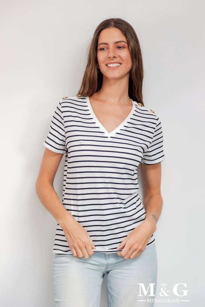 Grossiste M&G MONOGRAM - T-shirt col V à rayures avec boutons épaules