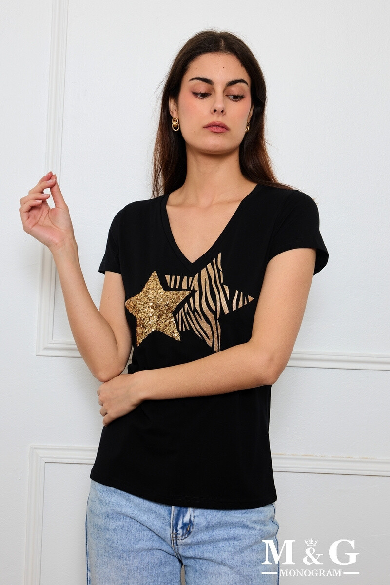 Grossiste M&G MONOGRAM - T-shirt col V « TWIN STARS » avec paillettes et sequins brodés