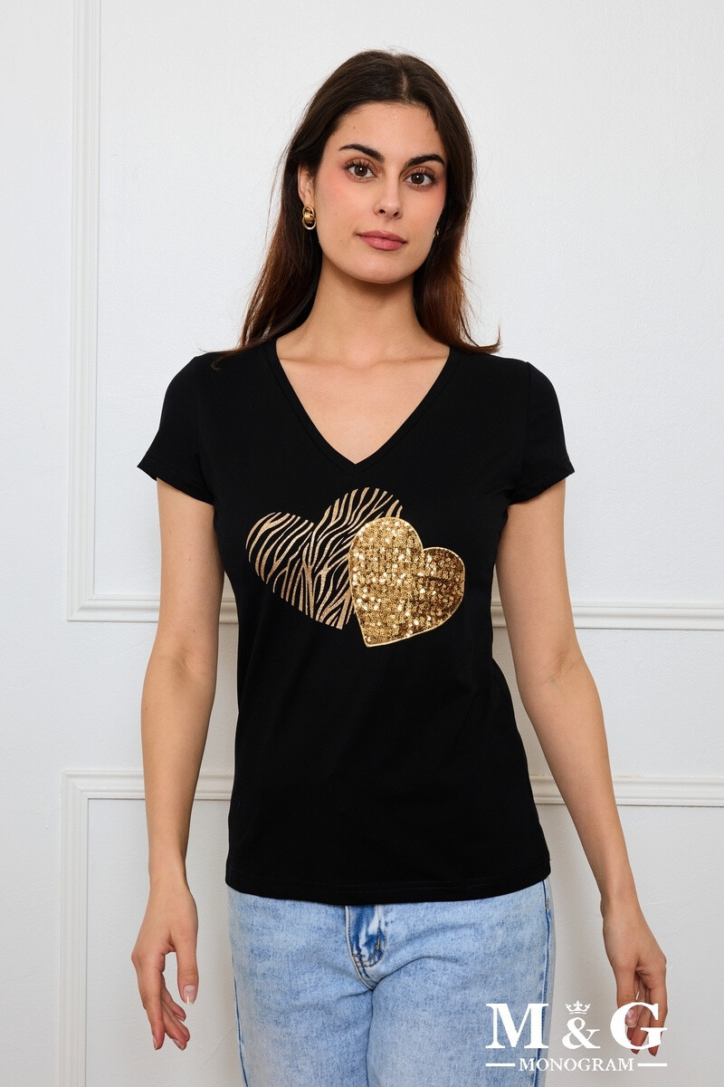 Wholesaler M&G MONOGRAM - "Twin Hearts" neck t-shirt with sequins and embroidered sequins