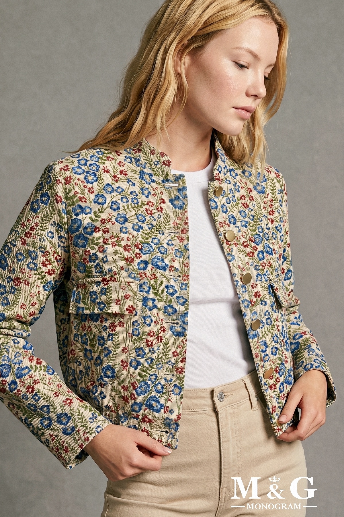 Wholesaler M&G MONOGRAM - Cropped floral jacquard jacket, mandarin collar, patch cargo pockets
