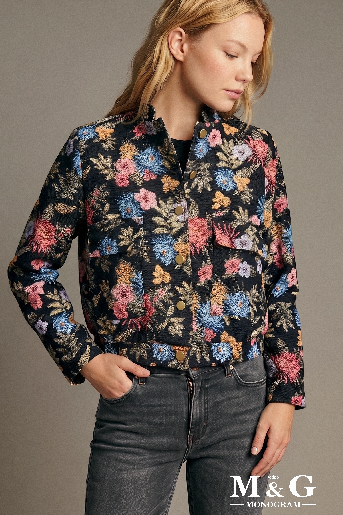 Wholesaler M&G MONOGRAM - Cropped floral jacquard jacket, mandarin collar, patch cargo pockets