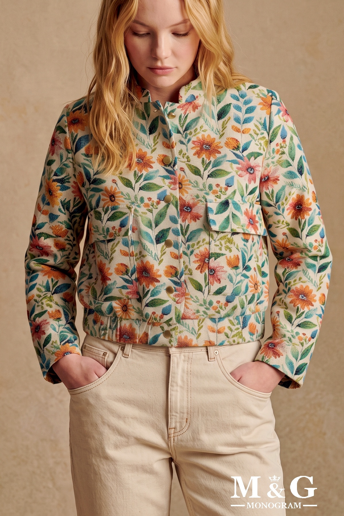Wholesaler M&G MONOGRAM - Cropped floral jacquard jacket with shimmering threads, mandarin collar, and patch cargo pockets