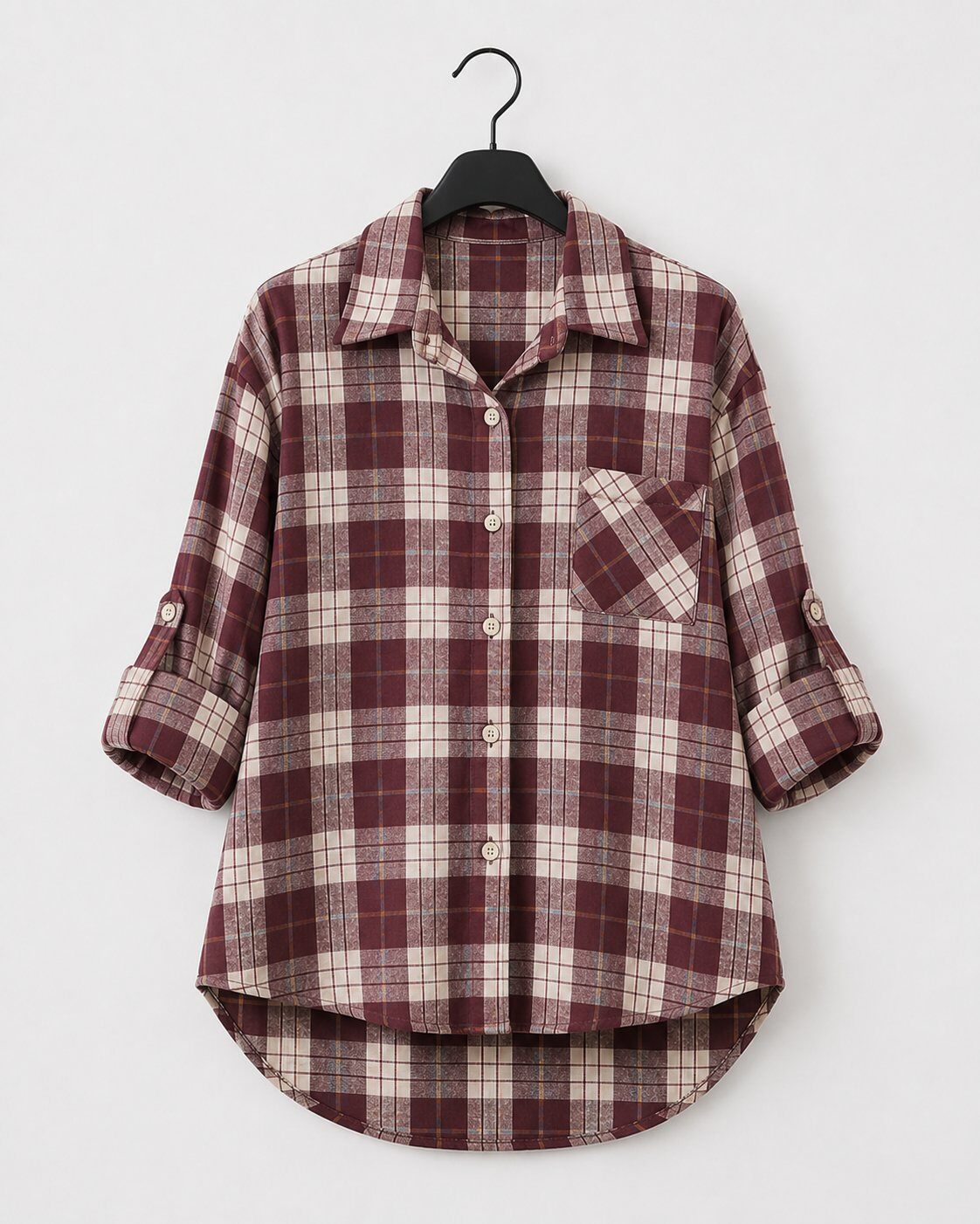 Wholesaler M&G Pronto Moda - Women's oversized plaid shirt with chest pocket, adjustable sleeves, and asymmetrical hem