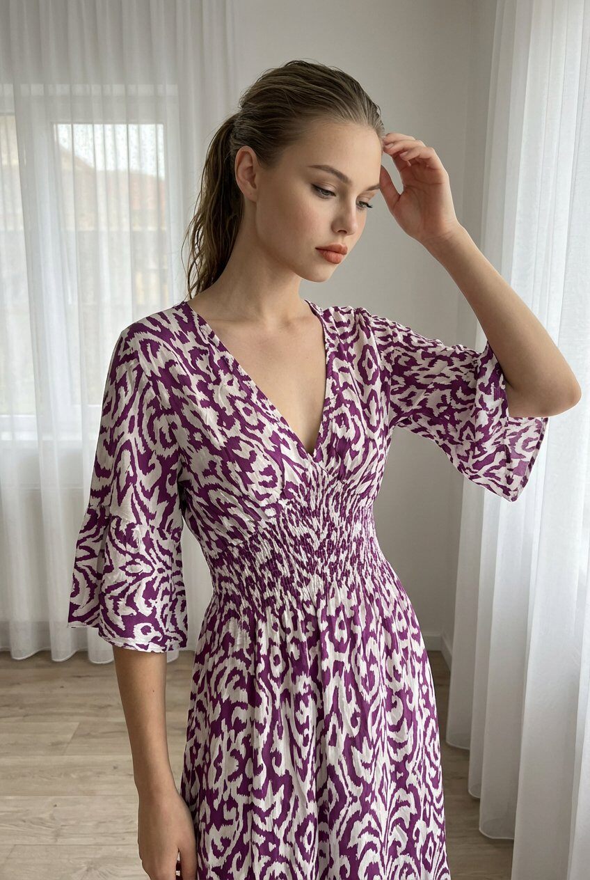Mayorista M&G Pronto Moda - Cintura con smock elástico y falda con volantes, Escote en V con acabados sencillos
