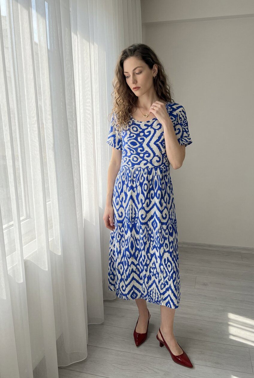Wholesaler M&G Pronto Moda - Short dress with short sleeves featuring an ethnic ikat print, casual boho style
