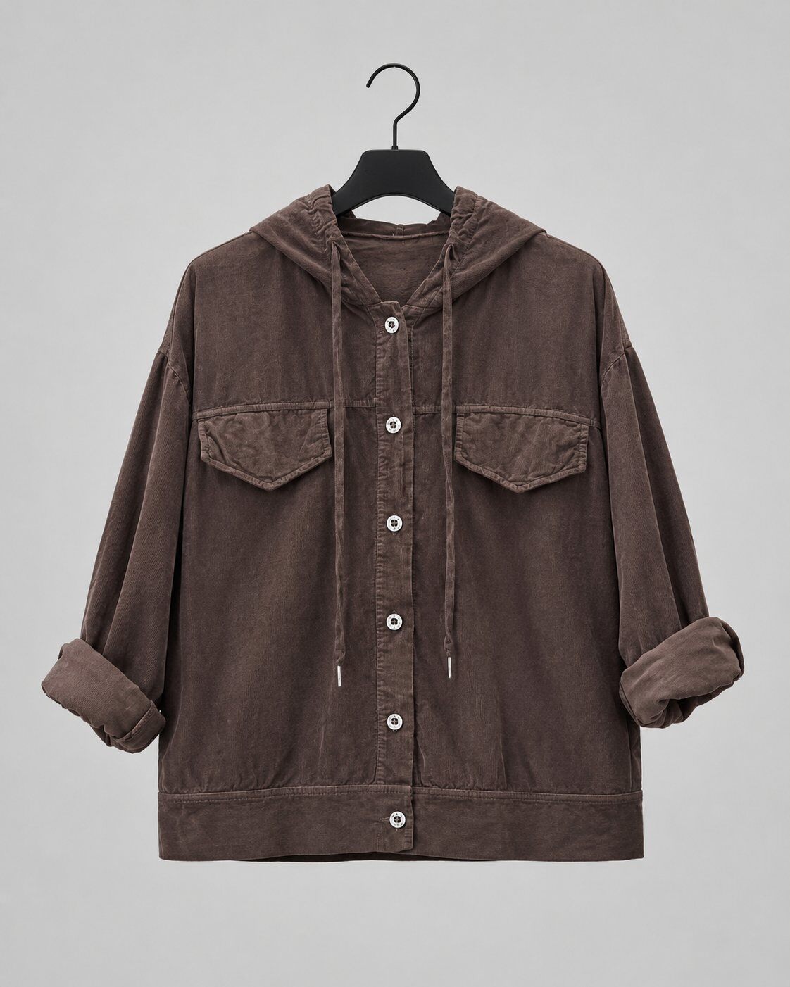 Wholesaler M&G Pronto Moda - Women's oversized corduroy shacket with hood, patch pockets, and button closure