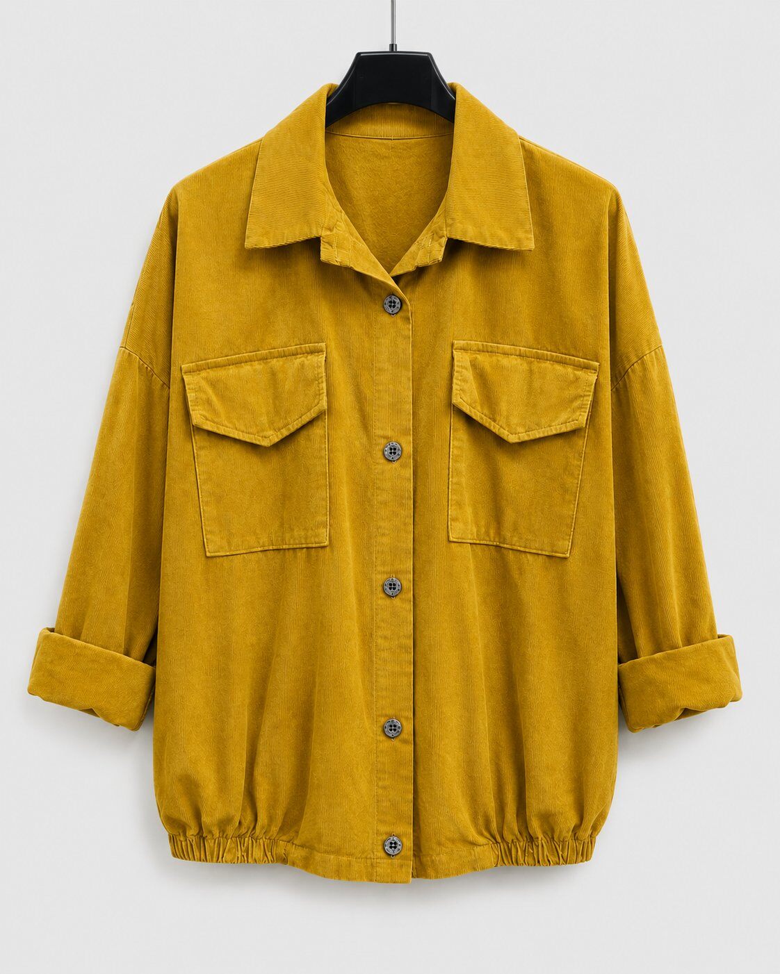 Wholesaler M&G Pronto Moda - Women's oversized corduroy shacket with double pockets, rolled-up sleeves, and elasticated hem