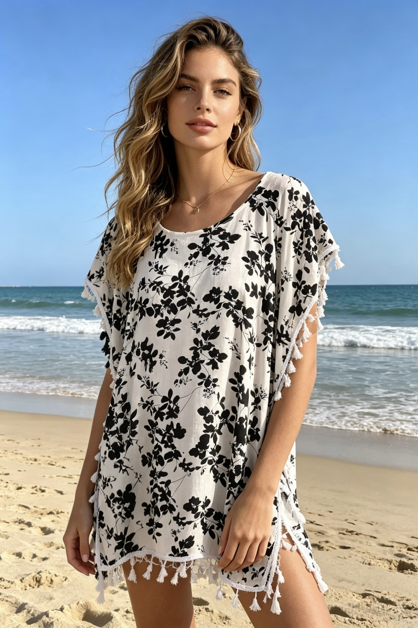 Grossiste M&P Accessoires - Tunique de plage à imprimé floral et pompons
