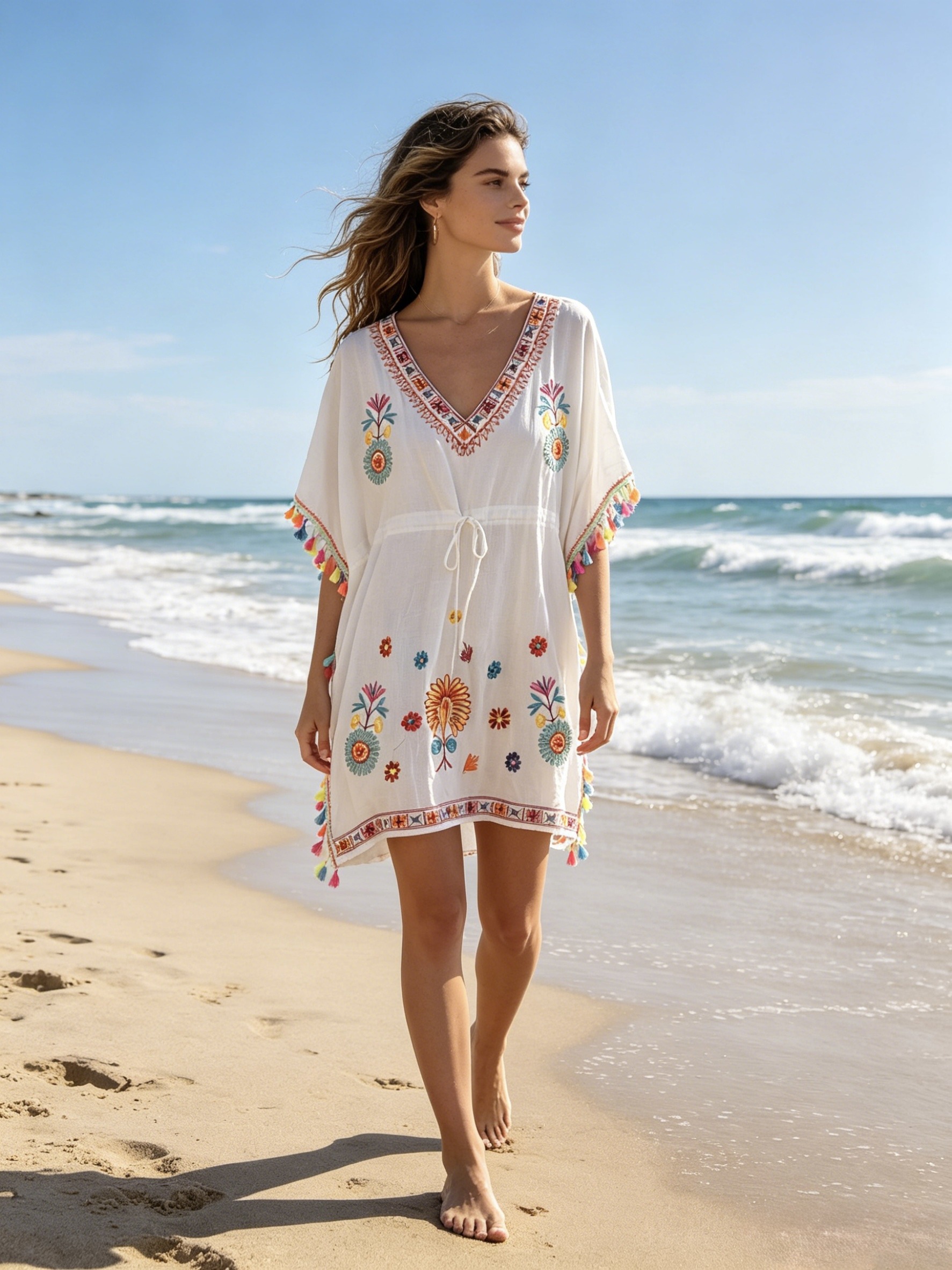 Großhändler M&P Accessoires - Strandtunika mit ethnischer Stickerei